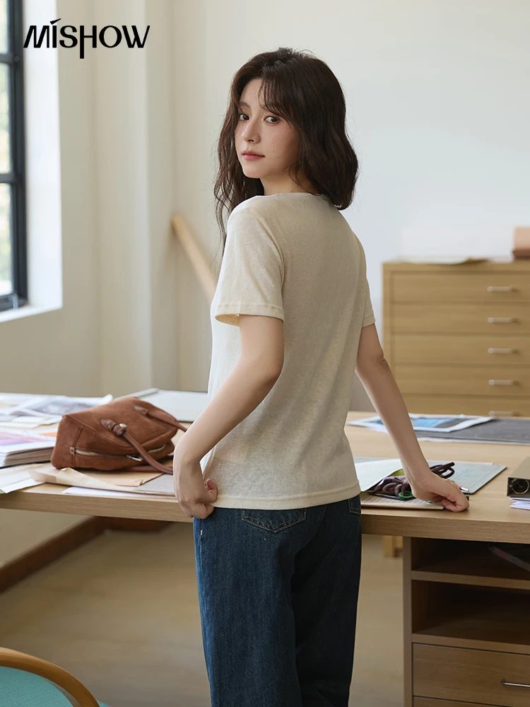 MISHOW Apricot Retro พิมพ์เสื้อยืดผู้หญิง 2025 ฤดูร้อน V คอรถยนต์เชอร์รี่พิมพ์ TOP Casaul รอบคอ Tees MXE41T0691