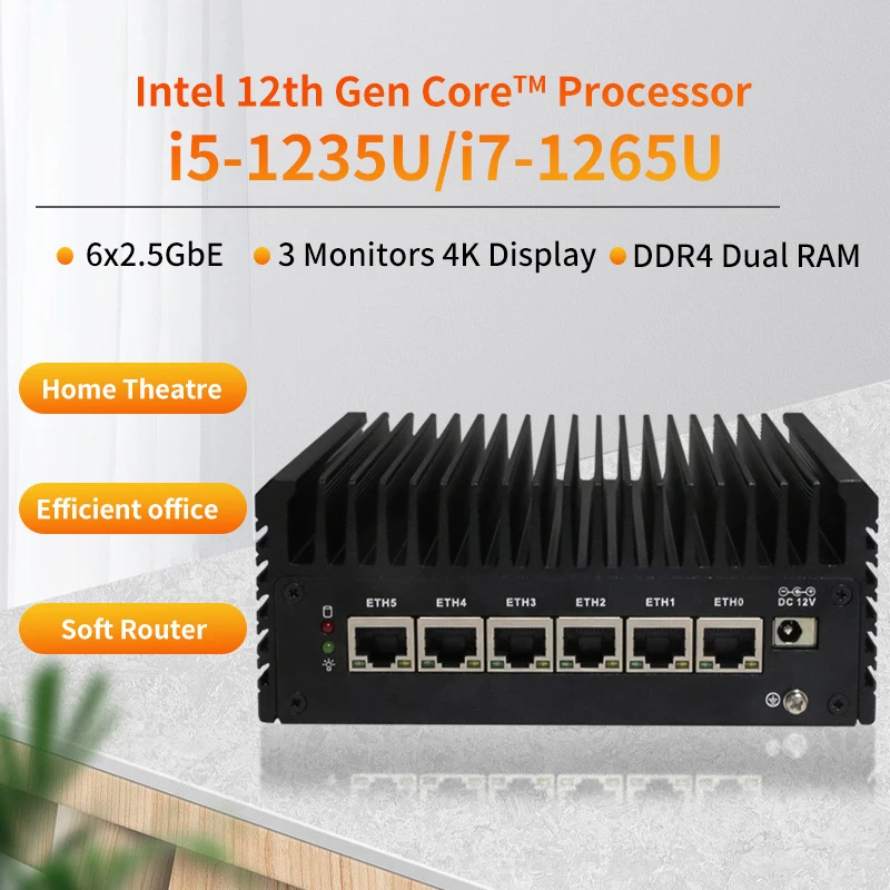 Mrroute Mini PC Intel i7-1265U 6xLans DDR4 16G RAM  256G SSD HDMI/DP/USB-C Triple Screen Support, fanless Desktop Mini Computer