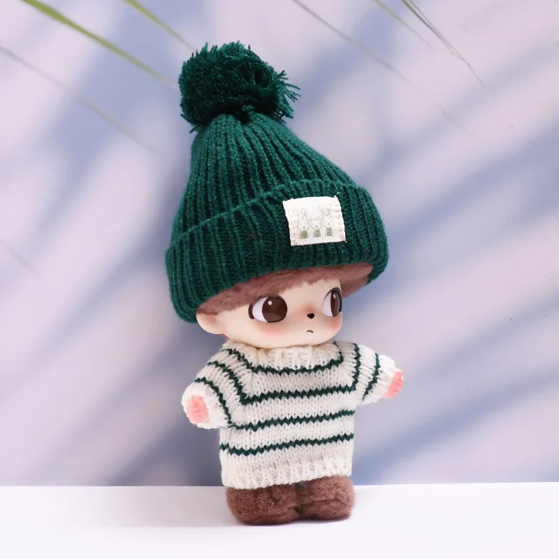 Ubranka dla lalek Dimoo World Blind Box na Boże Narodzenie, pluszowa zawieszka, zestaw ubrań winylowych, sweter w paski z czapką, akcesoria dla lalek