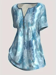 Blusa con estampado Tie Dye para mujer, camisa informal con cuello en V y Media manga, talla grande, moda de verano