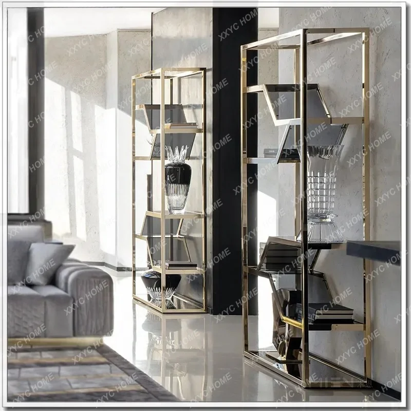 XX Luxury Stainless Steel Bookshelf Wall-Mounted Tempered Glass Shelves Display Rack For Living Room Office Partition