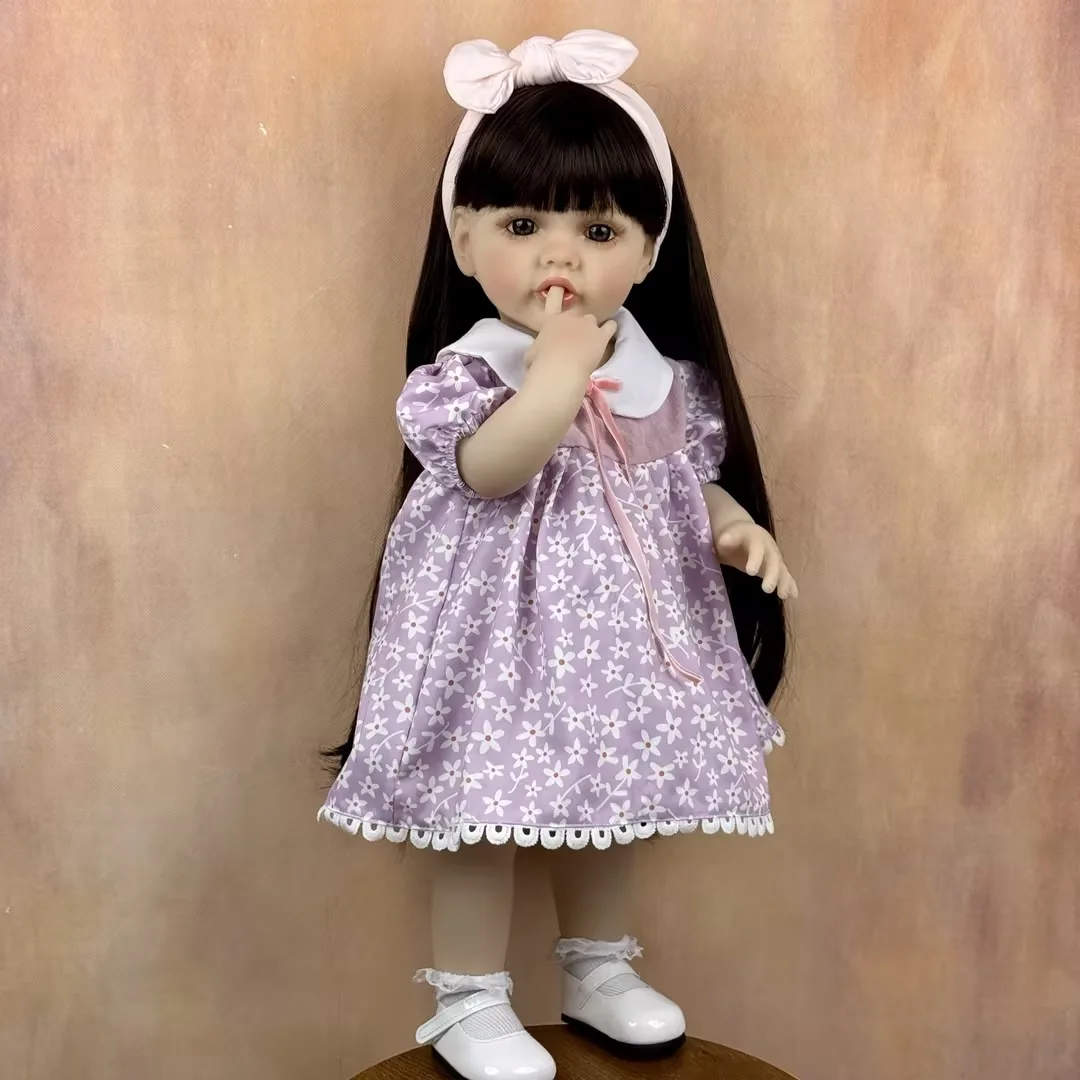 BZDOLL 55CM 리본 베이비 풀 비닐 바디 인형 장난감, 갈색 긴 머리, 공주 유아 22인치 달콤한 인형, 수제 생일 선물