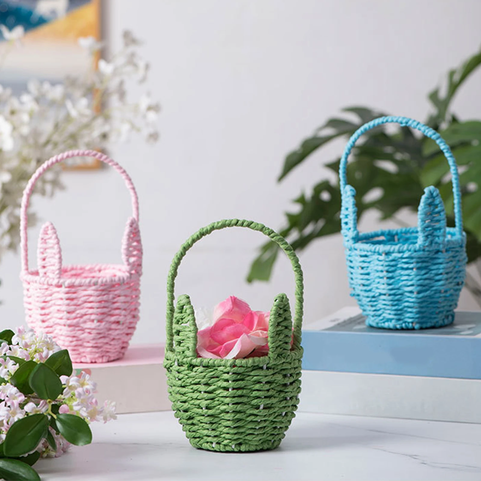 Easter Cute Rabbit Ears Basket Multi-Purpose Mini Handmade Rabbit Baskets Cartoon Woven Ear Decorative Basket Sundries Organizer