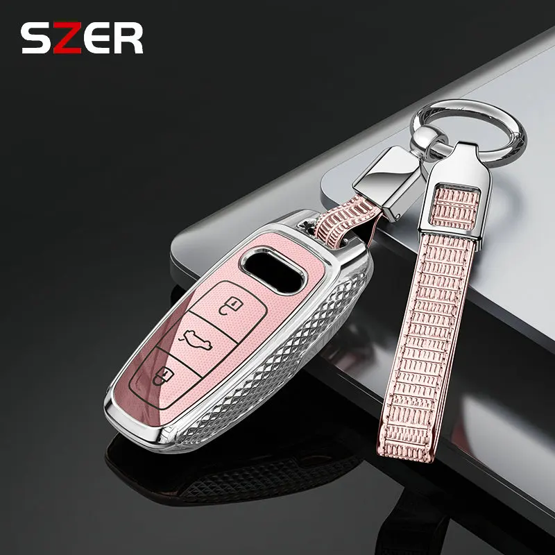 ABS Shell Car Remote Smart Key Case Cover For Audi A6 A6L A7 A8 A8L A3 E-tron 55 Q7 Q8 C8 2019 2020 2021 Keychain Accessories