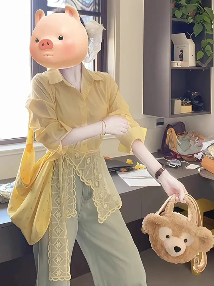 

Yellow Lace Tie Collar Long Sve Women's Sun Protection irt 2025 New Initial Summer Faion Upper Body Korean Sle ...