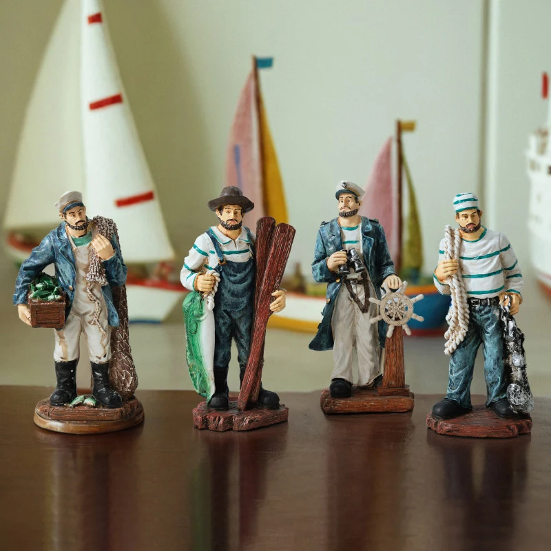 Retro Mediterranean Resin Captain Sailor Figurines Creative Ocean Style Desktop Crafts Ornaments Bar Cafe Window Display Props