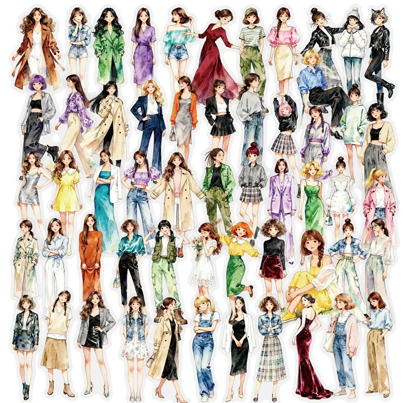 56PCS Kawaii Fashion Girl Colored PET Sticker Aesthetic Decoration Scrapbooking Stationery DIY Hand Accounting Supplies