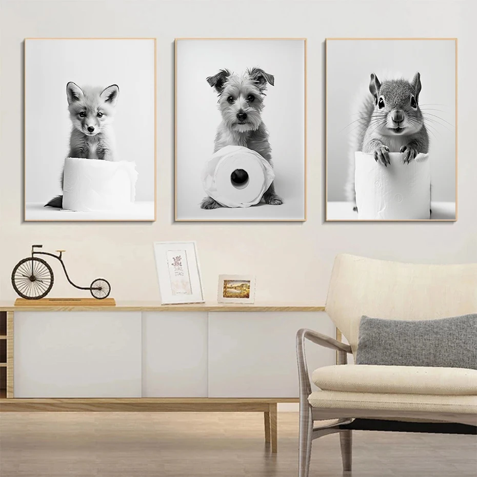 Retro Black White Animal & Toilet Paper Poster Lion Owl Cat Dog Canvas Prints for Living Room Bathroom Living Room & Home Decor