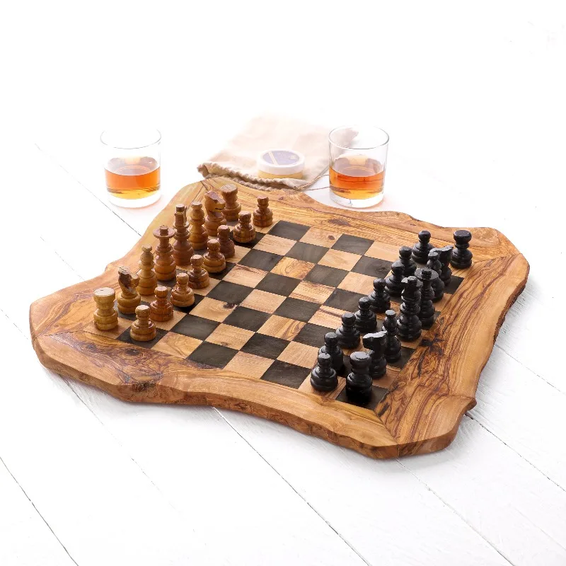 

Handcrafted luxury wooden chess set with olive wood blocks and rough edges: a unique addition to the board game series