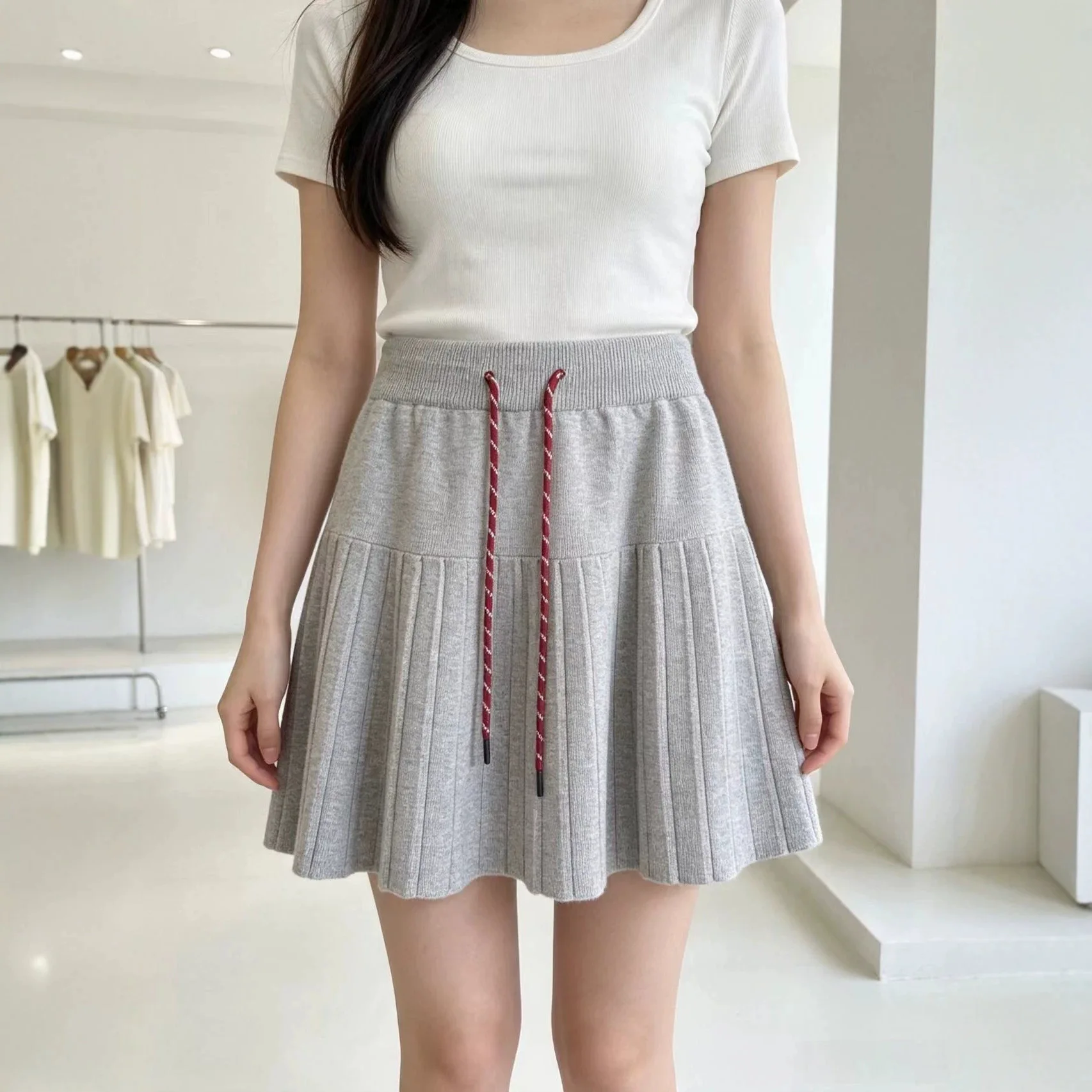Women's Autumn Winter Knitted Drawstring High Elastic Waist Midi Skirt