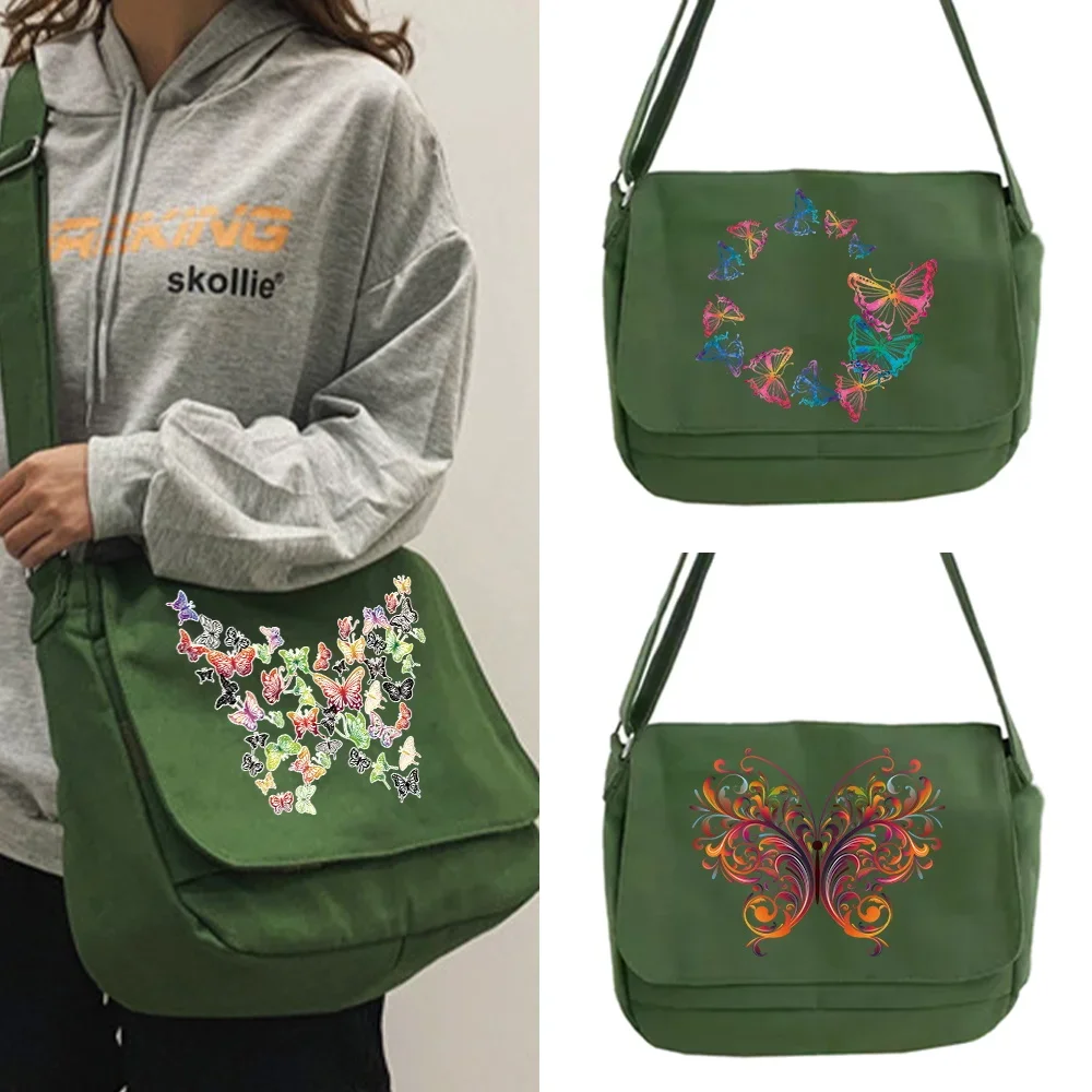 Simple Women Bags Messenger Bag Youth Casual Wild Canvas Shoulder Bags Women Large Capacity Shopping Organizer Butterfly Print
