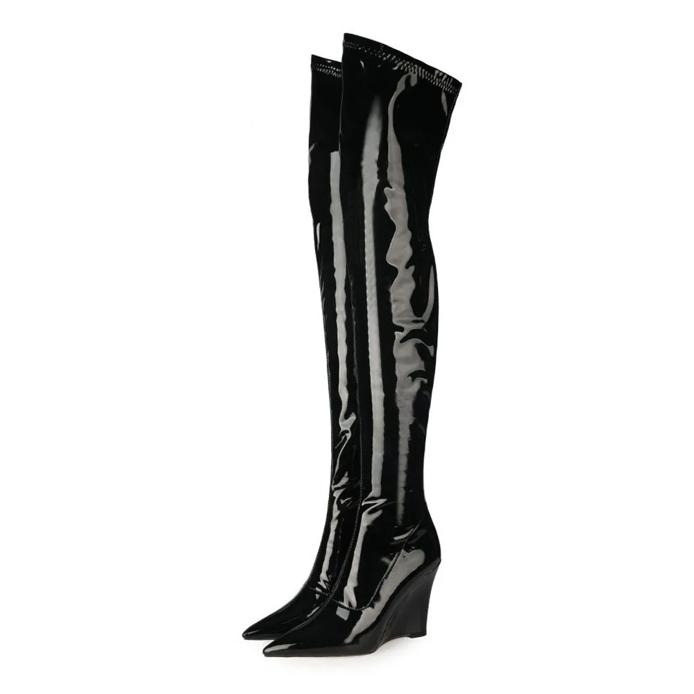 WomensFashion Sexy Over-the-knee Boots Sharp Slope Stiletto High Heel Large Patent Leather Shiny Thigh Long Black Sexy Boots