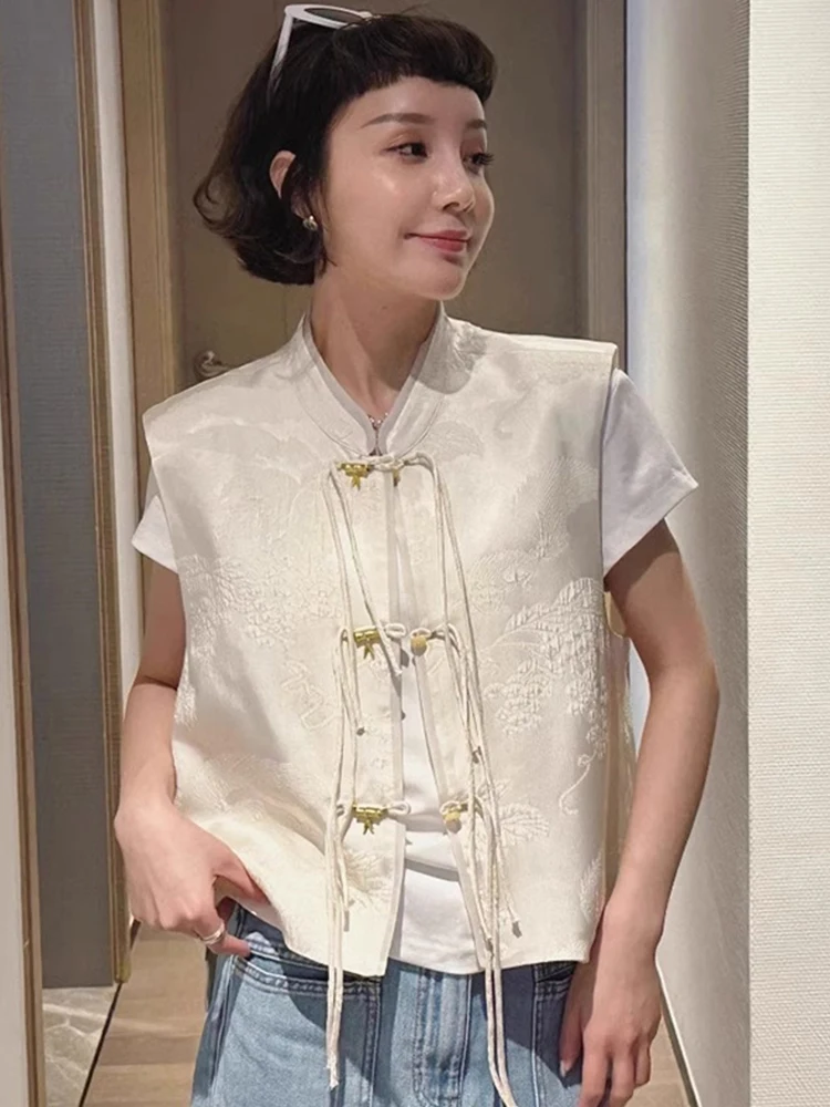

Elegant Chinese Style Embroidered Buttonless Tank Top Fashionable High End Sleeveless Women's Outerwear Layering Vest Top