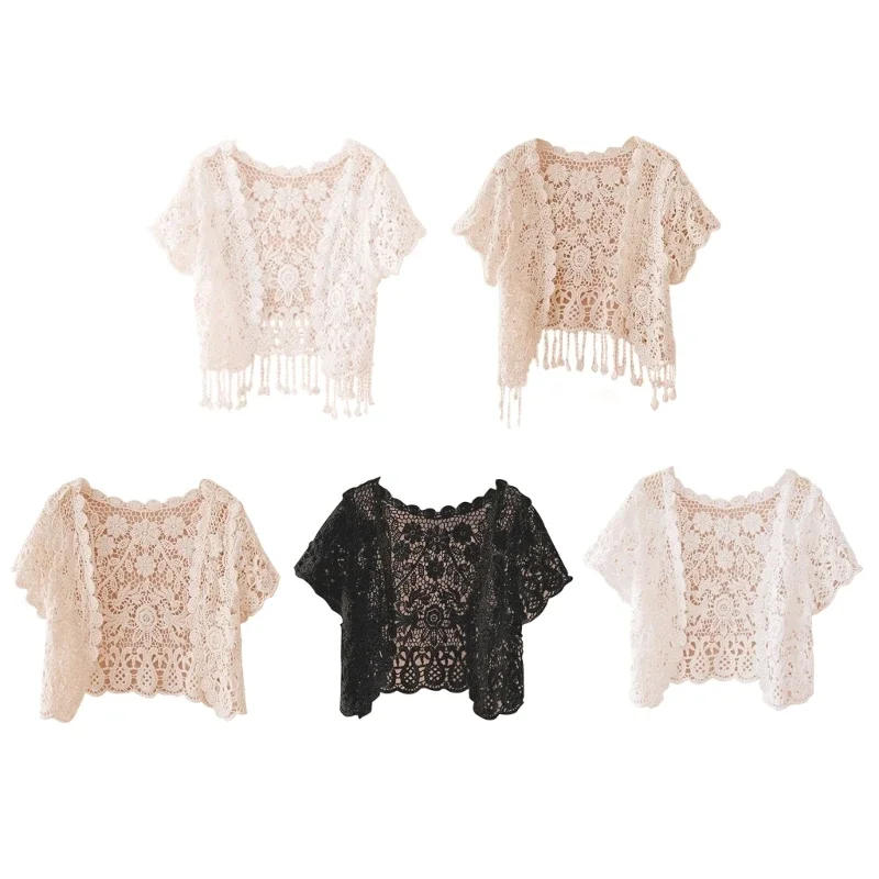 Womens Summer Short Sleeve Tassels Lace Cardigan Floral Crochet Beach Cover Up Shrugs Open Front Crop Jackets