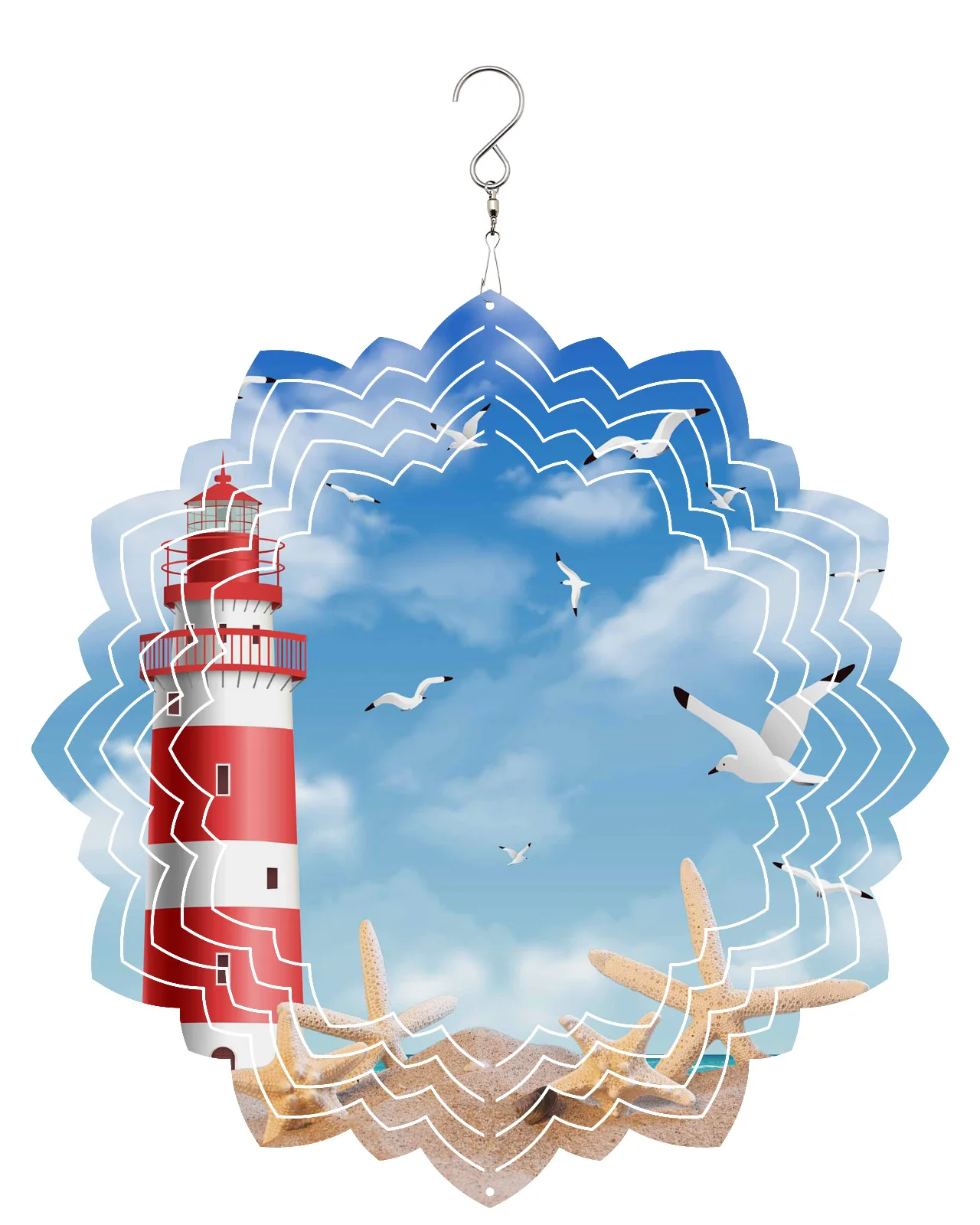 Sea Beach Lighthouse Starfish Seagull Outdoor Wind Chime Garden Stainless Steel Hanging Home Decor 3D Rotating Wind Spinner