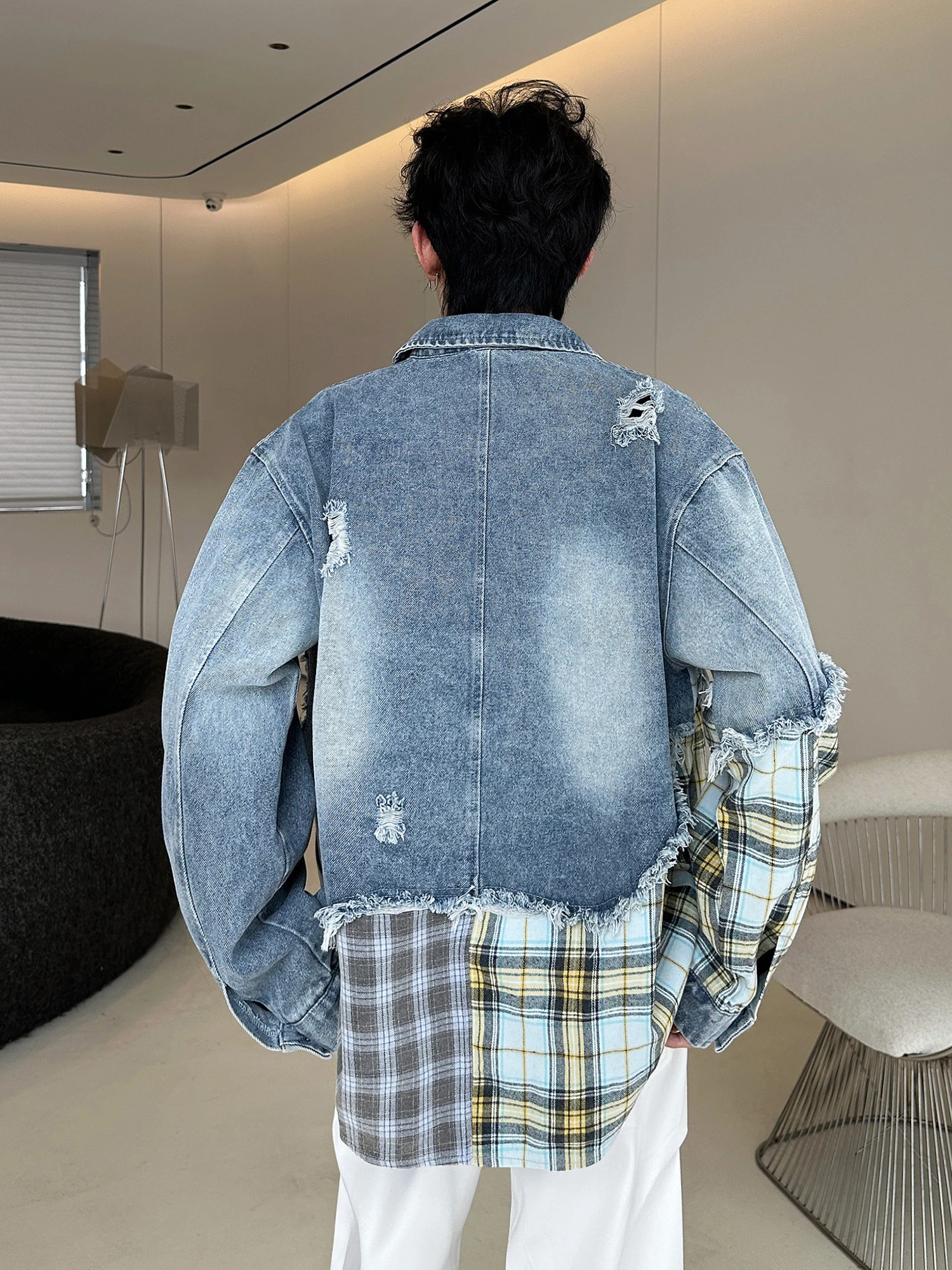 

Винтажная джинсовая ткань с отверстиями в стиле пэчворк, повседневная весна-осень, американская уличная свободная пара, тюнер, полиэстер, хлопок, переработанный ...