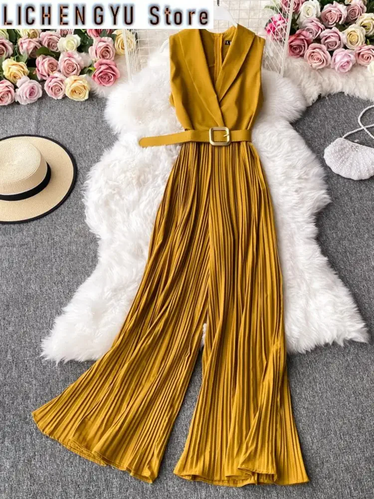 Sweet Women Jumpsuits Pleated High Waist Notched One-piece Fashion Flared Wide Leg Pants Spring Summer