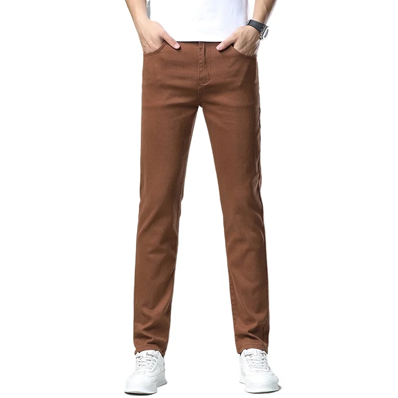 Men Elastic Straight Jeans Spring Colorful Soft Denim Pants Korean Trend Slim Casual Streetwear Comfort All Match Daily Trousers