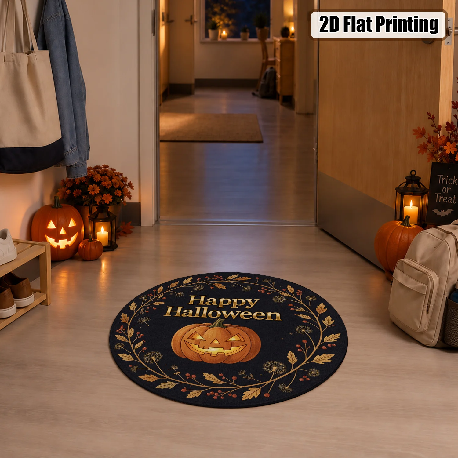Round Jack-o'-lantern Halloween Autumn Wreath Velvet Doormat, Machine Washable Durable Floor Mat for Entryway Porch Living Room, Ideal for Halloween Thanksgiving Christmas New Year Black Friday Cyber Monday Home Decor
