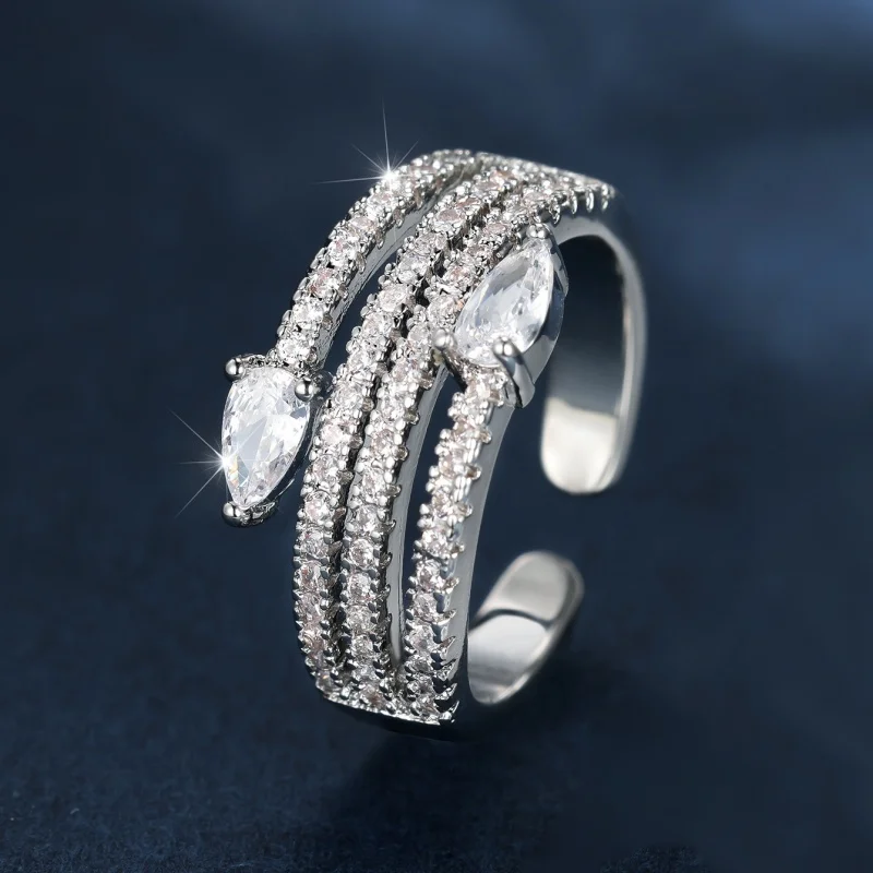 2026 New Multi Row Exquisite Zircon Water Droplet Opening Ring Integrated Stacking Design, Light Luxury Shiny Fashion Accessory