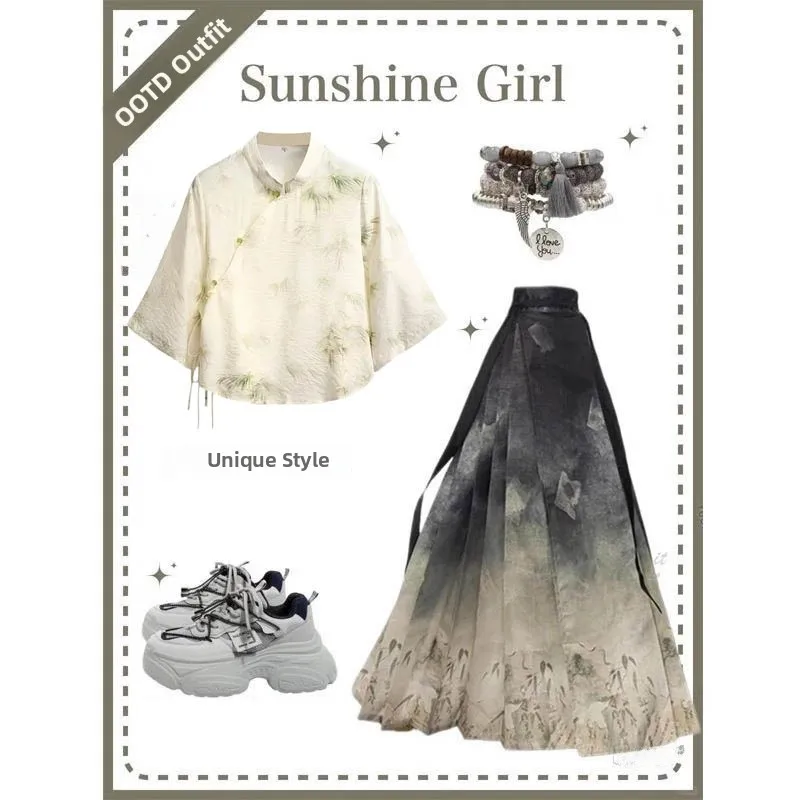 

Новый китайский комплект Ханьфу: улучшенный традиционный костюм из двух предметов (топ и юбка) с эффектом похудения и удлиненной юбкой