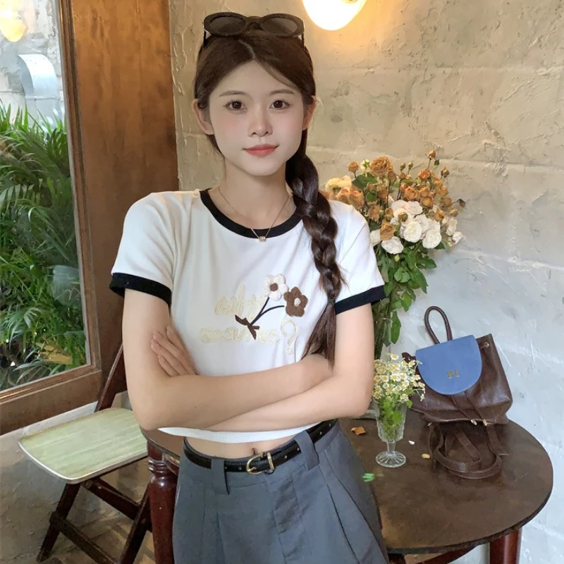 Three-dimensional Flower T-shirts Women 2024 New Spring O-neck Color Collision Short-sleeved Sweet Versatile Short Tops Female