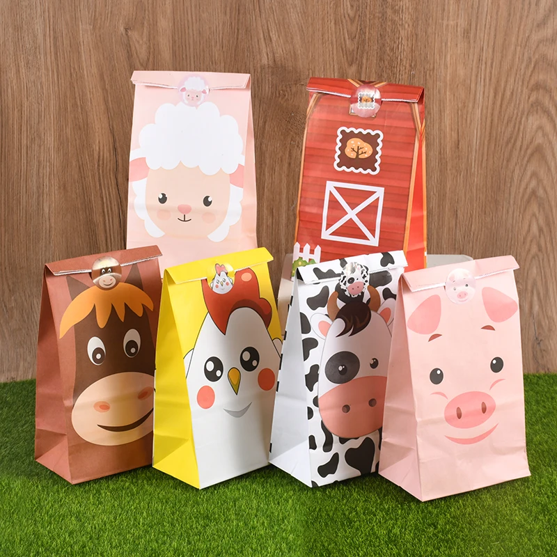 13szt Cartoon Animal Candy Bags With Sticker Cow Pig Sheep Biscuit Bag For Kids Animal Themed Birthday Party Gifts Packing Decor