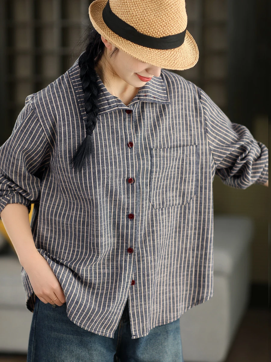 

Retro Style Color Woven Stripe Cotton Shirt Women's High Collar Long Sleeve Comfortable Breathable Loose Fit Top