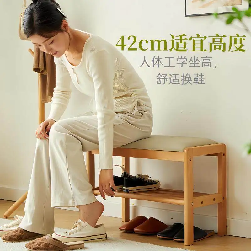 Top Premium Solid Wood Shoe Bench with Soft Cushion, Scandinavian Beech Entryway Stool, Sturdy and Comfortable for Home Entrance