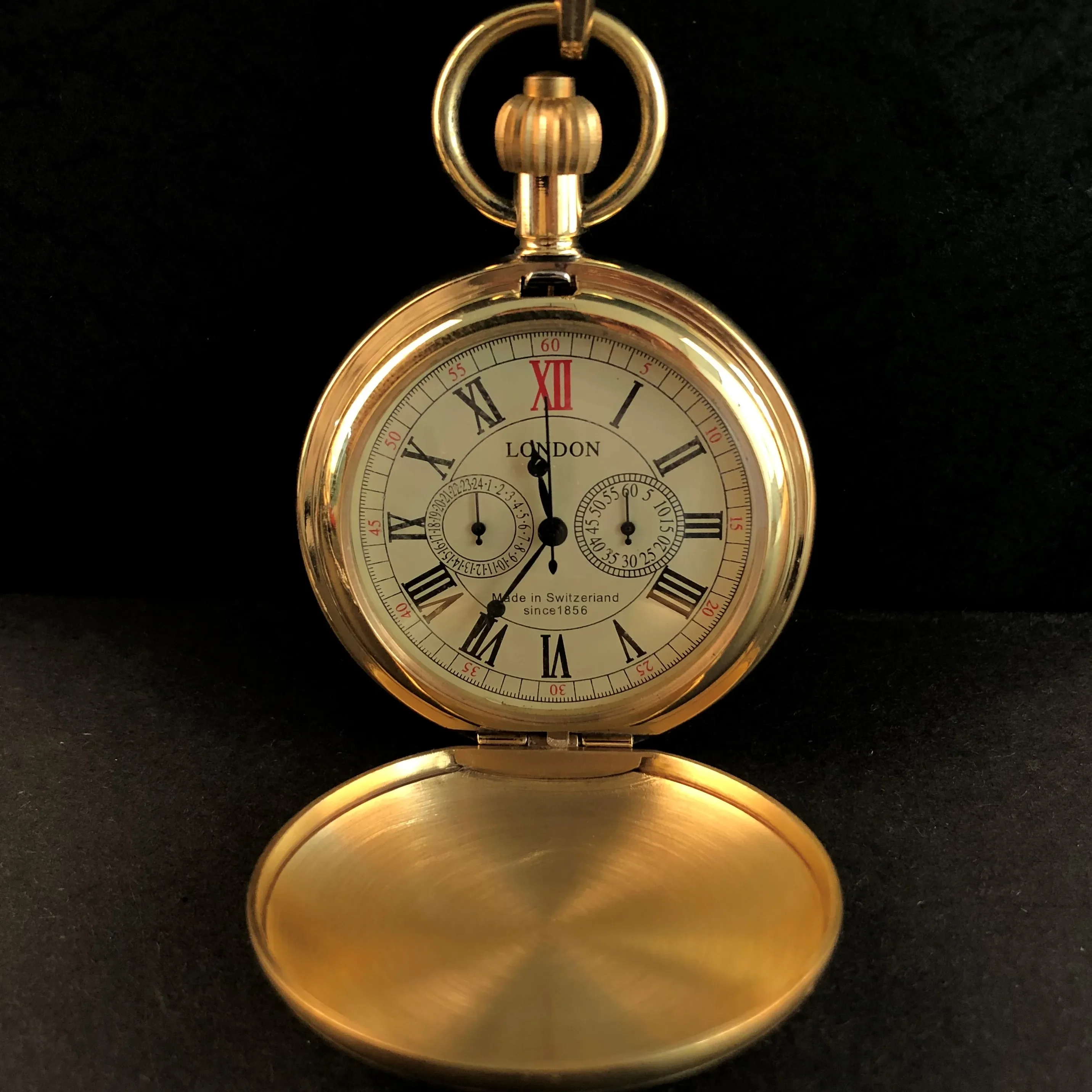Orologio da tasca meccanico antico a 5 lancette vintage in ottone London 1856, carica manuale, scheletro, orologi da tasca e da uomo, catena da 30 cm