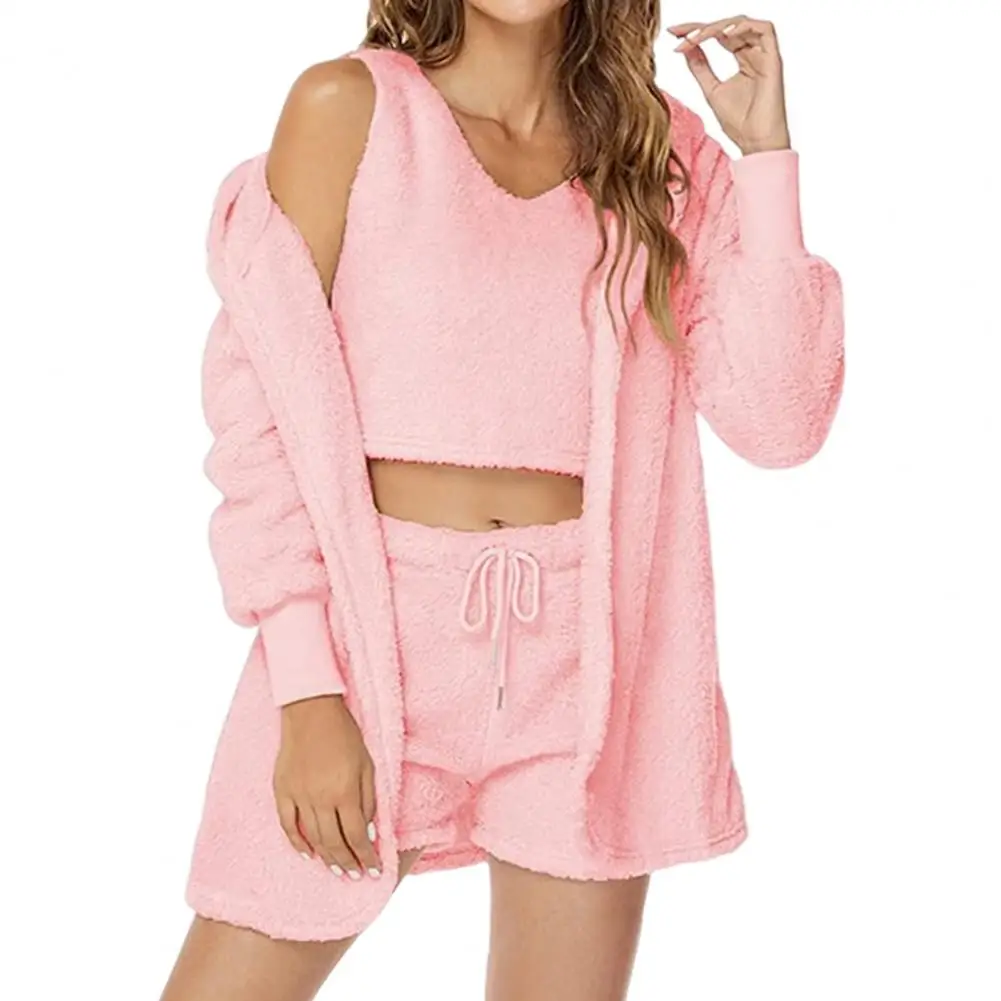 Conjunto de pijama feminino grosso com capuz, colete lounge e shorts, roupa caseira para outono e inverno, 3 peças por conjunto