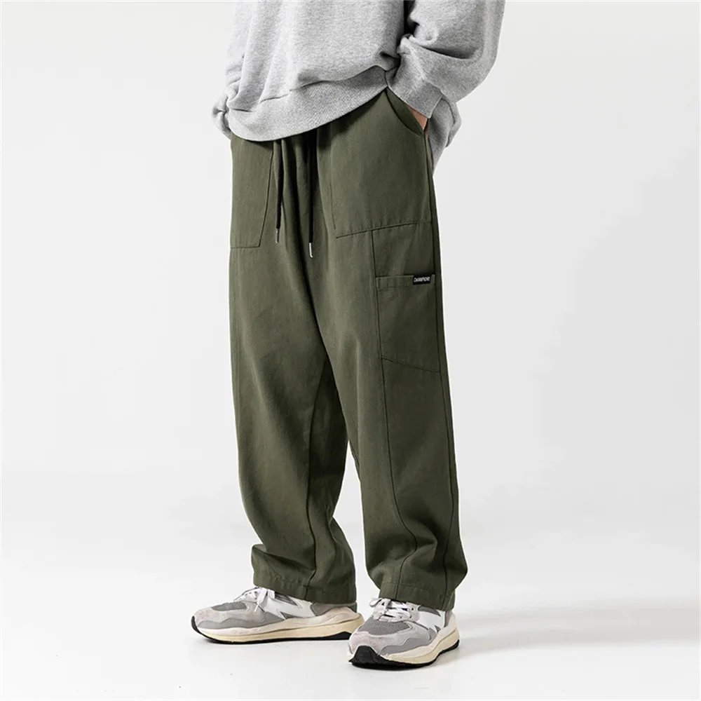 

Men Workwear Casual Pants Mid Seam Splicing Design Spring Summer Side Patch Pockets Japanese Retro Drape Long Pants