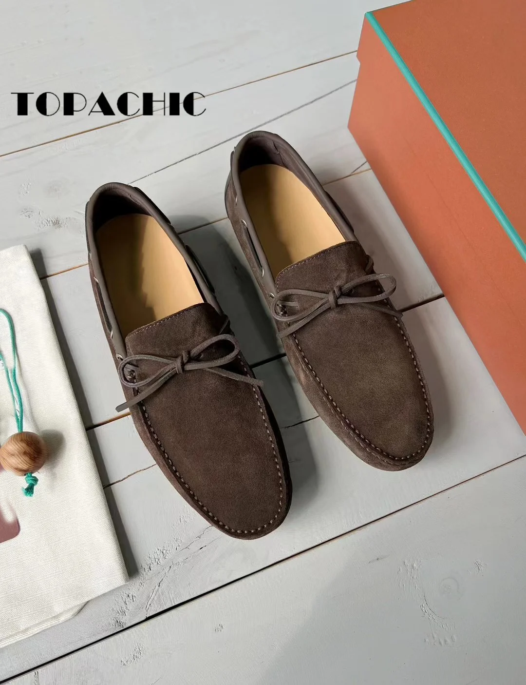 5.22 TOPACHIC New Cow Suede Spliced Sewing Genuine Leather Bowknot Pumps Business-affairs Casual Men Rubber Sole Shoes