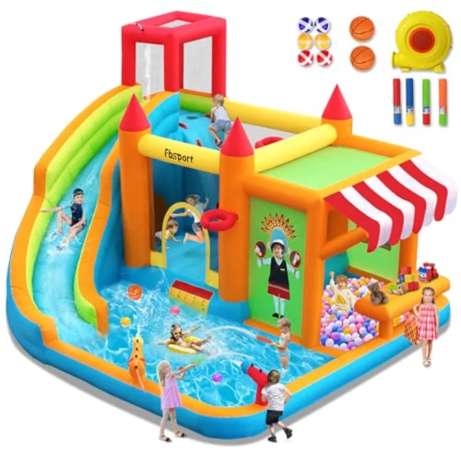 

Inflatable Bounce House Water Slide for with Toy Market Stand Splash Pool Bouncer Climbing Wall Water Gun Ball Dart Red Bouncy