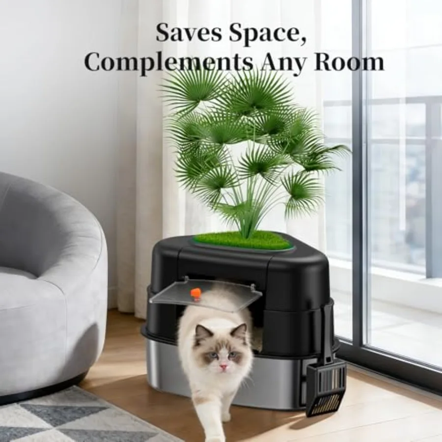 XXL Stainless Steel Corner Cat Litter Box with Lid Enclosed Hidden Plant Litter Box with Artificial Plant Easy-Clean Covered De view 3