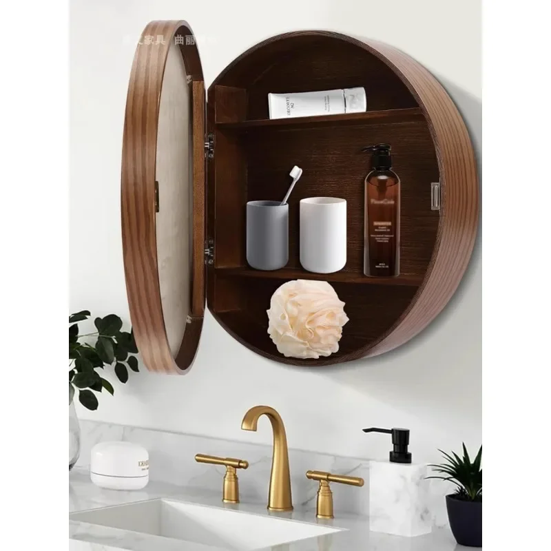 Round bathroom mirror cabinet with lamp solid wood smart mirror case