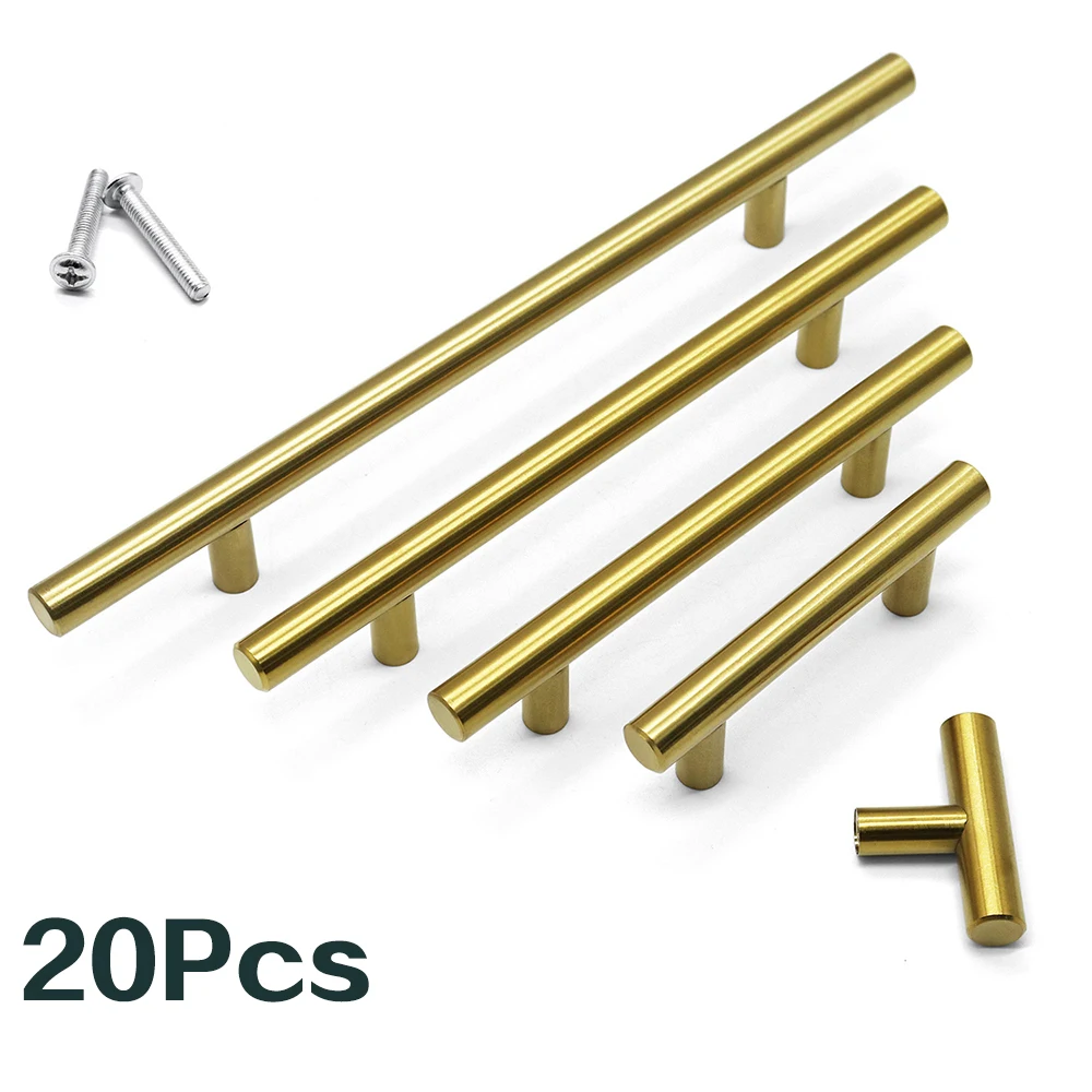 20pcs Brushed Gold Kitchen Handle Stainless Steel T Bar Door Pull 96/128/160mm Cabinet Knobs and Handles Black Furniture Handle