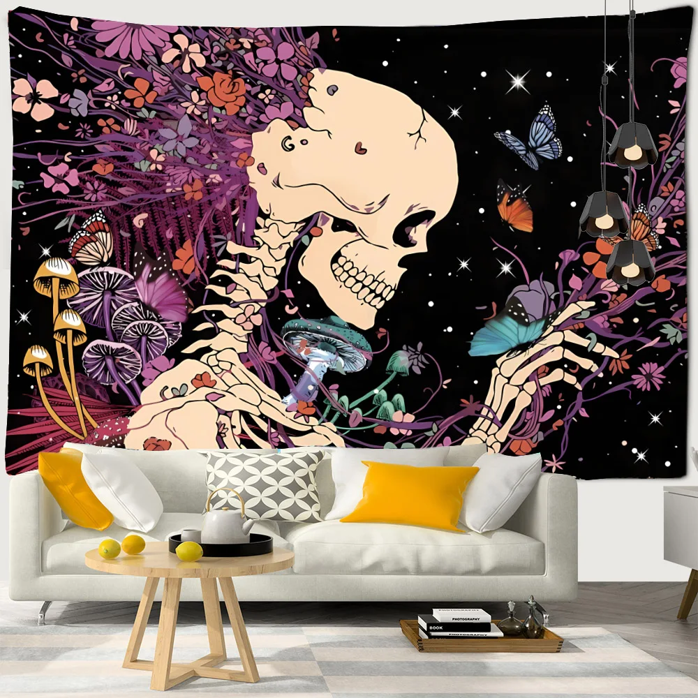 Butterfly Skull Flower Tapestry Trippy Wall Art Boho Home Decor Anime Tapestries Psychedelic Wall Haning for Bedroom Decorations