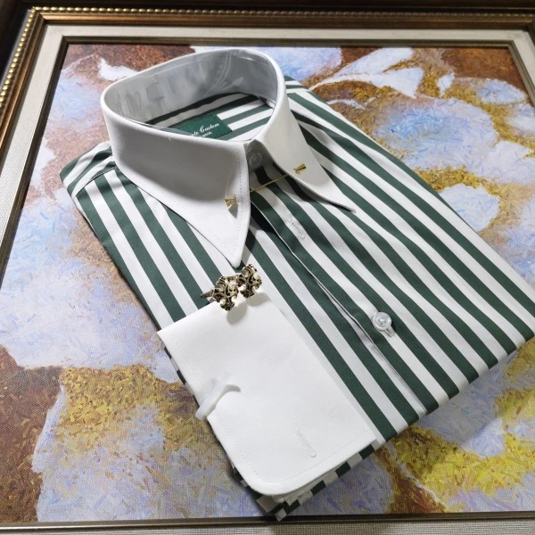 Elegant Green Striped Cufflinks Long Sleeve Shirt Emperor Collar Wedding Nightclub Professional Wear Slim Fit Business Shirt
