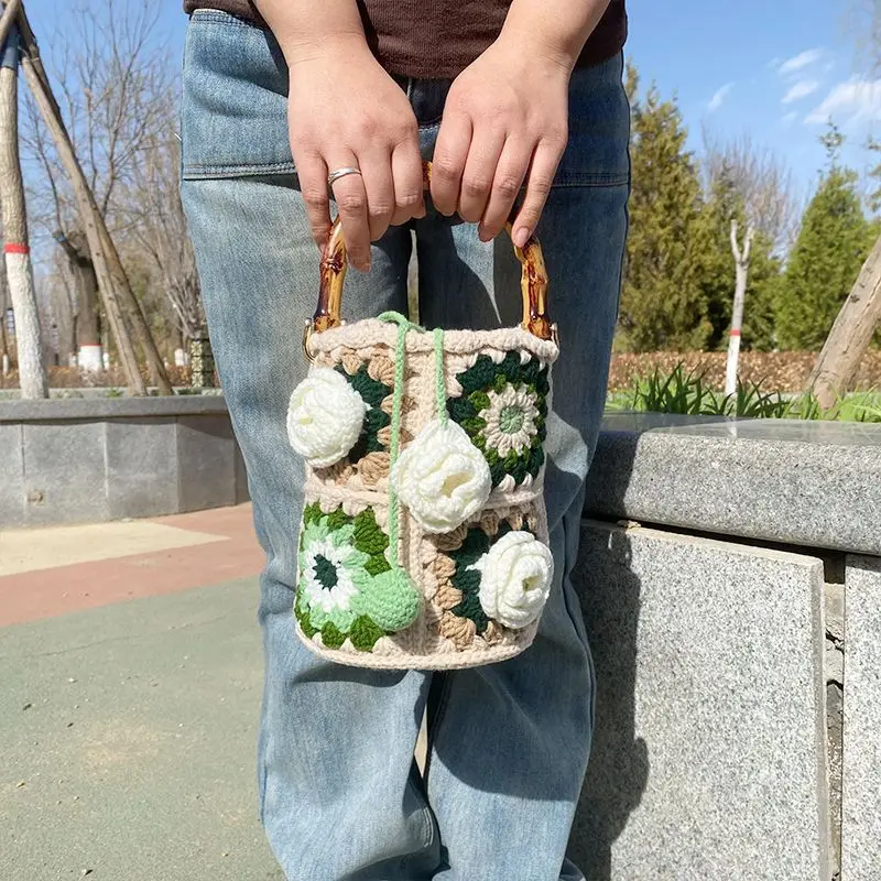 Handmade crochet flowers Bucket Bag for Women Handbag Rattan Beach Boho Bag Casual Colorful Woven Handle Shoulder Crossbody Bag