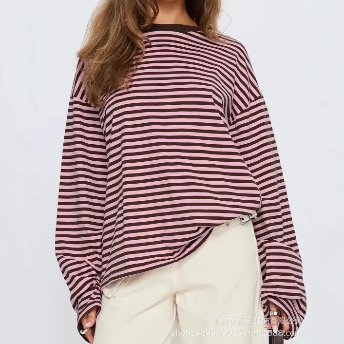 Women's Striped Long Sleeve T-Shirt Crew Neck Drop Shoulder Loose Fit Casual Pullover Top