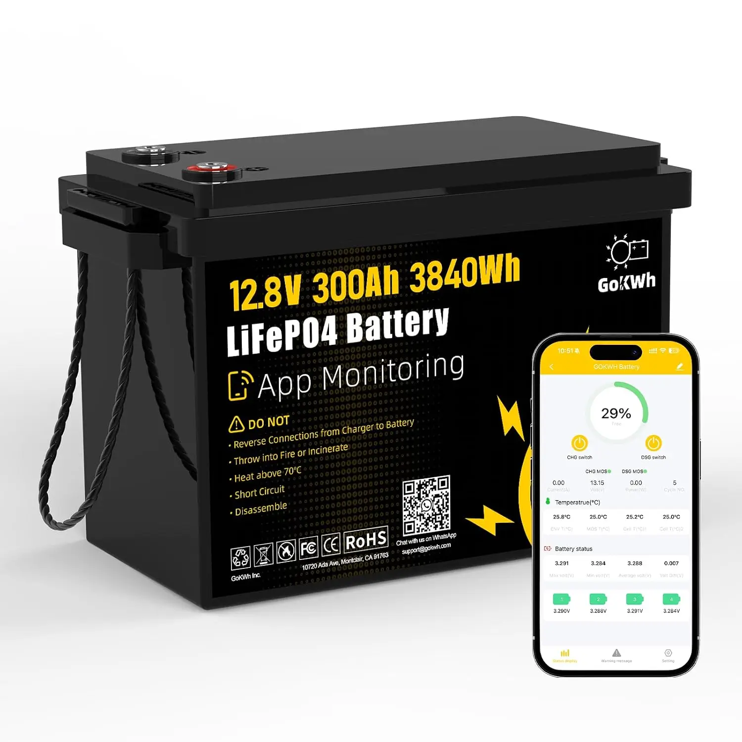 12V 300Ah LiFePO4 Battery with Bluetooth Smart Monitoring, 3840Wh Deep Cycle Lithium Battery, 200A BMS, 8000+, Customized