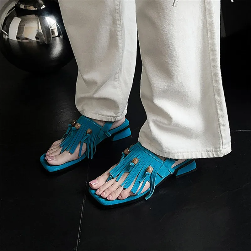 

New Summer Sandals Cow Suede Women Shoes Square Toe Sandals for Women Fashion Flip-flops Tassels Sandals Handmade Chunky Heels