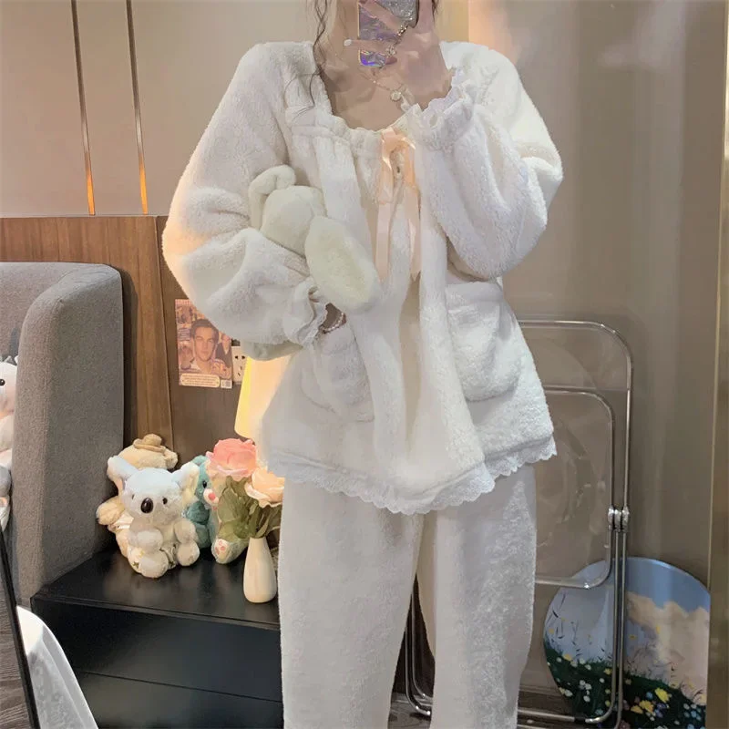 Sweet Flanne Princess Pajamas Women Nightgowns Cute Warm Long Sleeve Pajama Sets Autumn Winter Nightwear Home Wear Loungewear