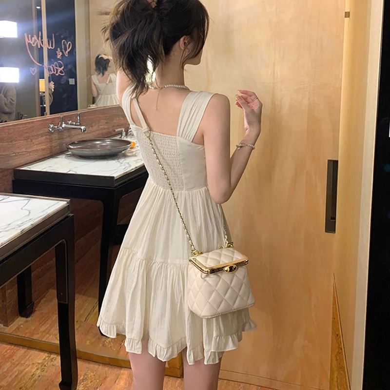 Summer White Spaghetti Strap Dress Women Sweet Korean Retro Slim Camis Dress Elegant Chic Solid High Waist Vestidos Female New