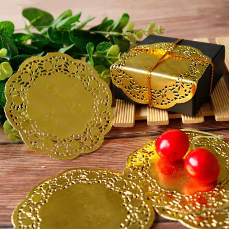 50Pcs Gold Paper Doilies Napkin Pads Mat Lace Doily Coasters Hollowed Lace Paper Placemat Birthday Wedding Decora Party Supplies