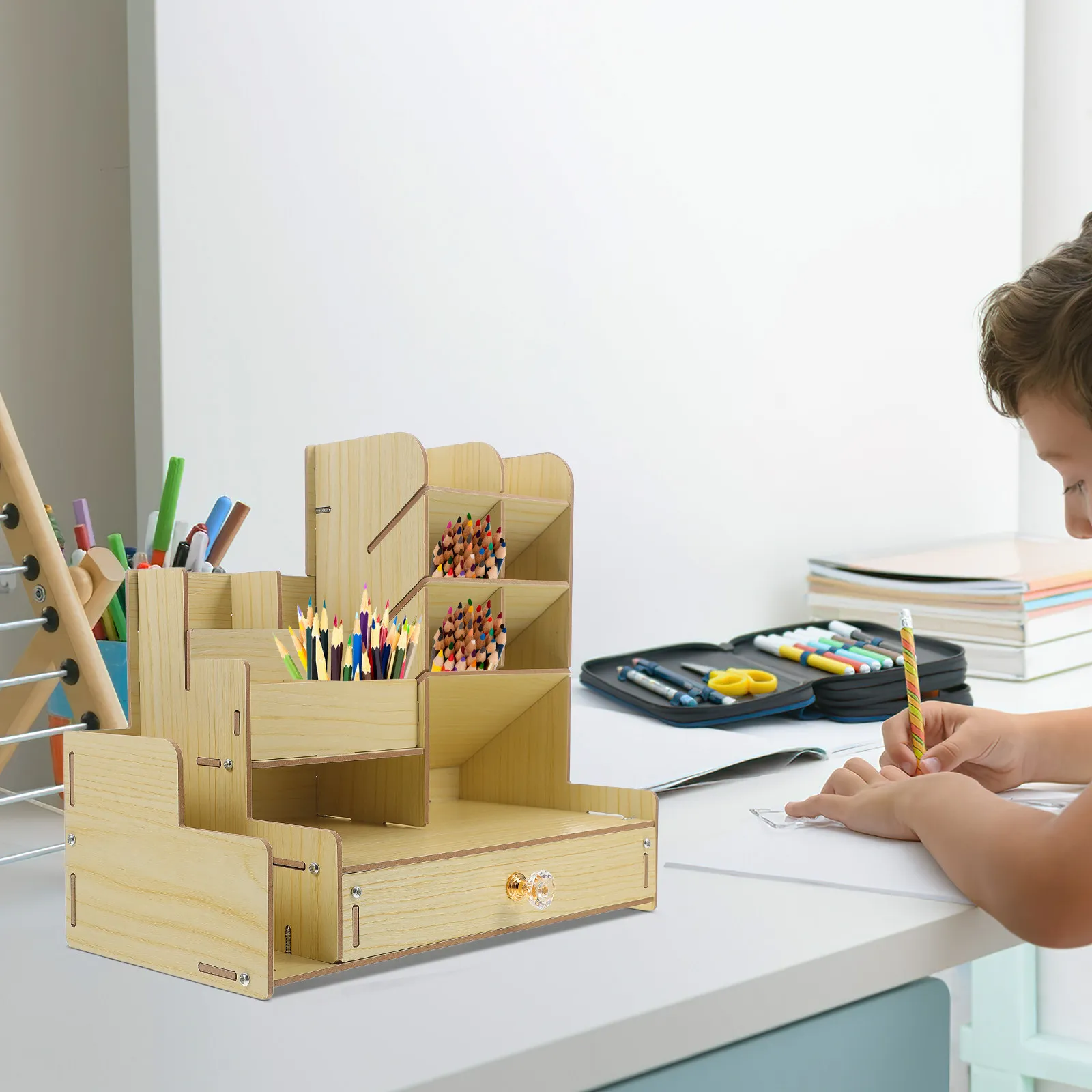 

Compact Wooden Desk Organizer with Versatile Compartments for Pens Markers Scissors Notebooks Paperclips Rubber Bands Desktop