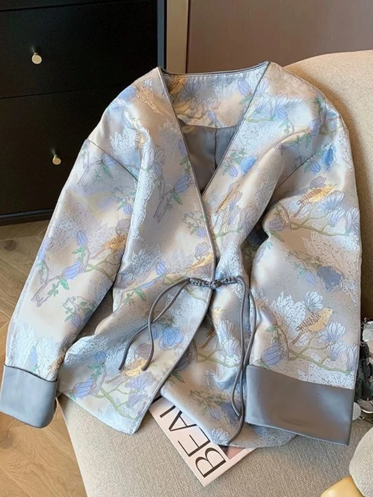 

New Chinese style jacquard slant breasted buttoned jacket women spring new retro high-end satin improved style elegant coat