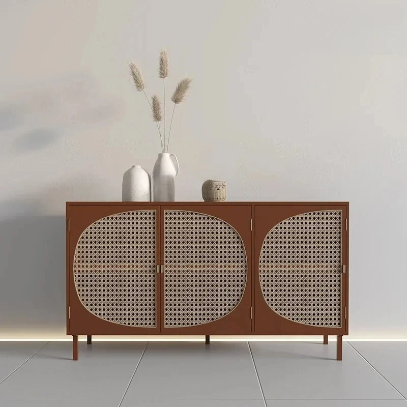Solid Wood Rattan Woven Sideboard Storage Cabinet for Living Room and Entrance
