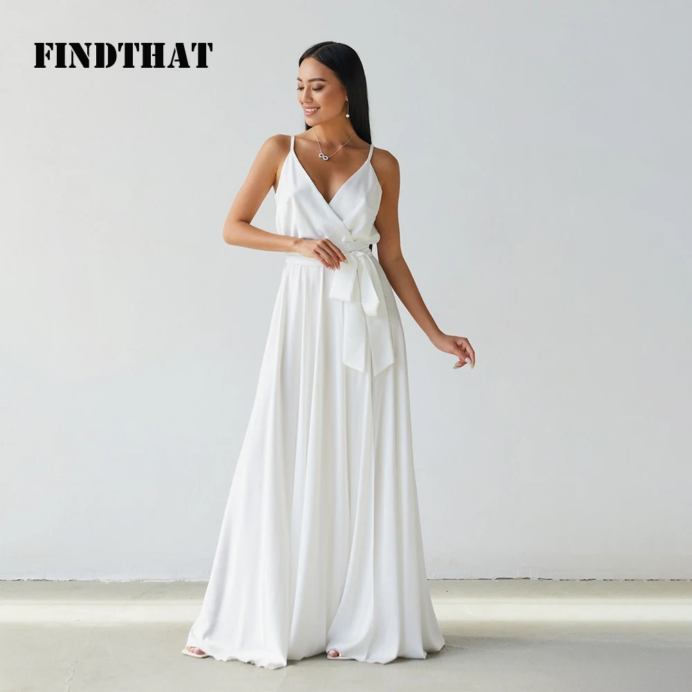 Findthat Elegant White Satin Bridesmaid Dresses Spaghetti-Straps V-Neck Evening Party Dress A-Line Prom Gown Side Slit with Belt